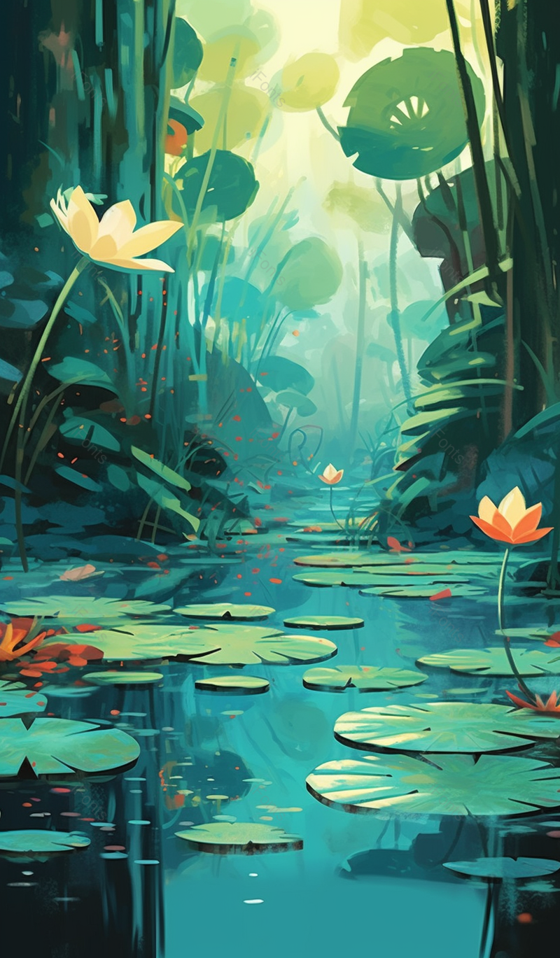 落日唯美绿色夏至池塘的荷叶风景清新插画背景,插画/手绘图,插画/手绘图库,插画/手绘图下载,插画/手绘